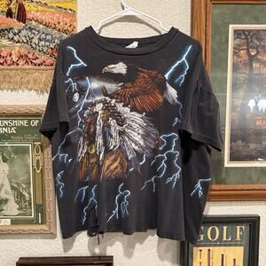 Vintage 90s RARE American Thunder Native Eagle Black Graphic Shirt Size XL